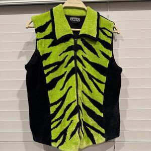 Berek by Takako Sakon beaded Sweater Vest M Chenille Lime Green Black Zip Y2K